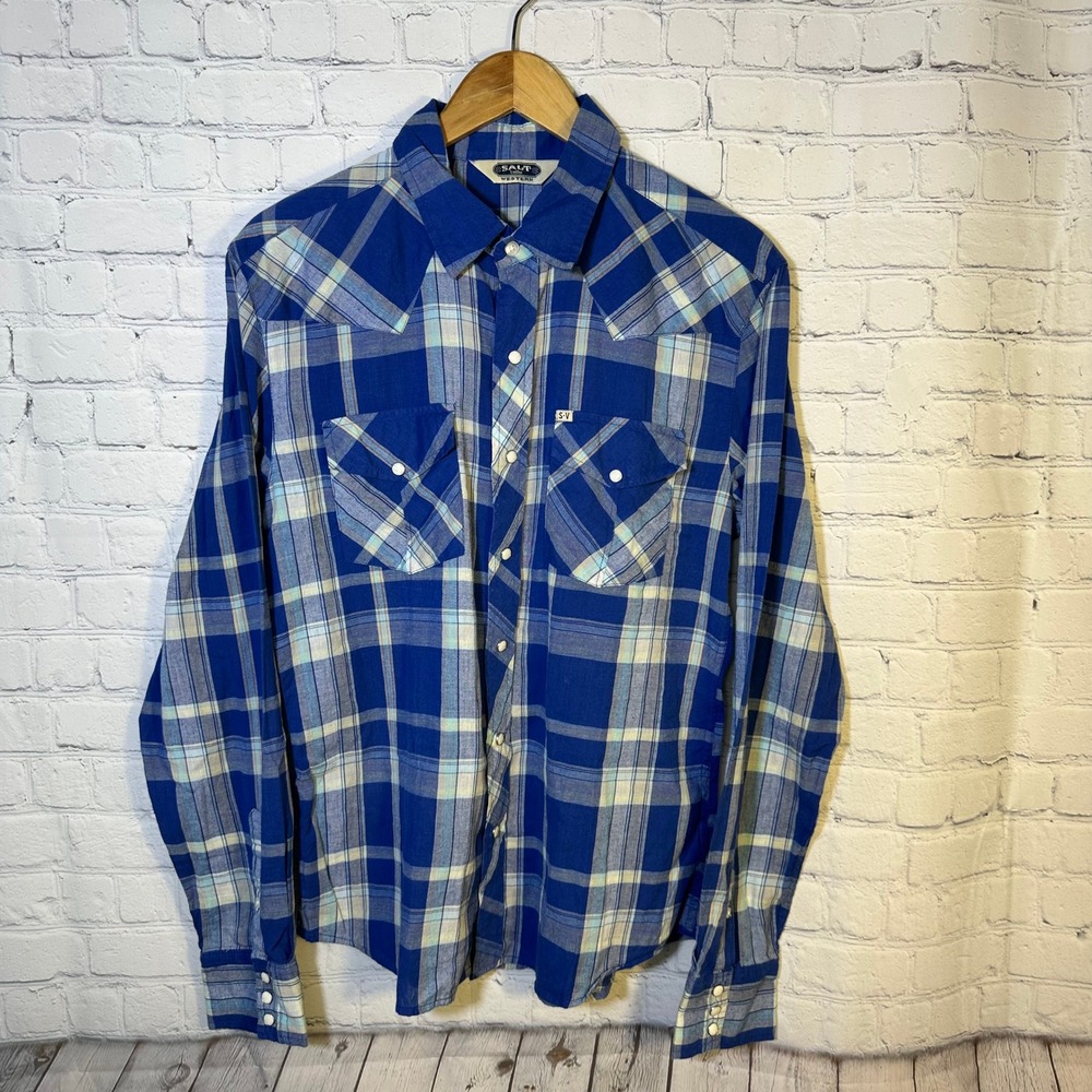 Salt Valley Western Mens Medium Blue Plaid Pearl Snap Long Sleeve Cotton Shirt